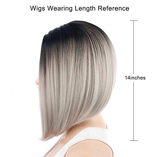 BARSDAR 14" Girl’s Short Bob Hair Wigs Straight Synthetic Dark Roots Ombre Colorful Halloween Cosplay Daily Party Wig for Women Natural Looking Heat Resistant As Real Hair with Free Wig Cap-Black to S